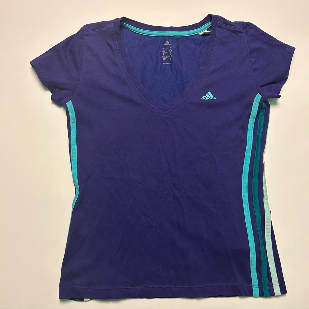 Adidas blue V-Neck T-Shirt with Blue Stripes